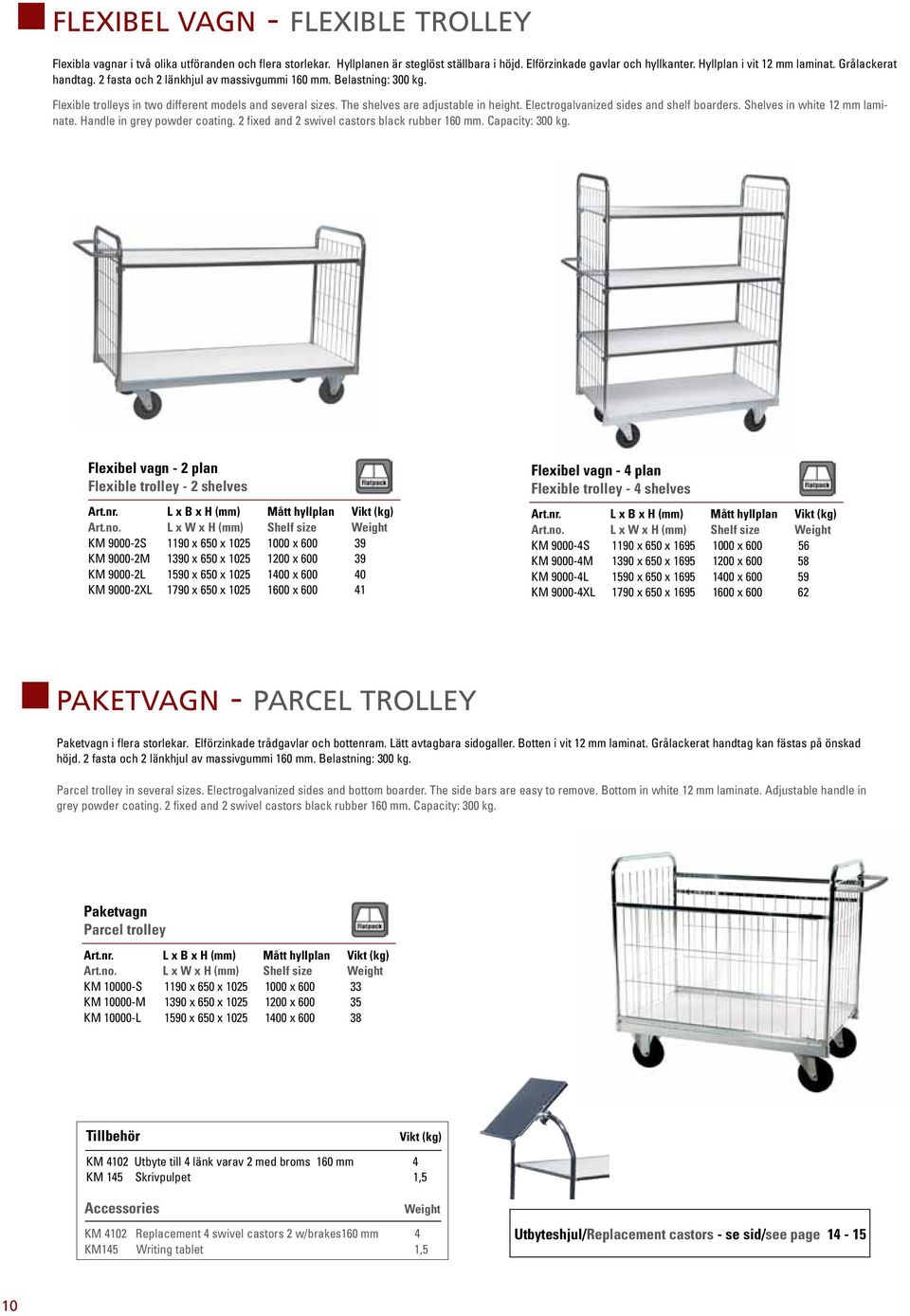 Electrogalvanized sides and shelf boarders. Shelves in white 12 mm laminate. Handle in grey powder coating. 2 fixed and 2 swivel castors black rubber 160 mm. Capacity: 300 kg.