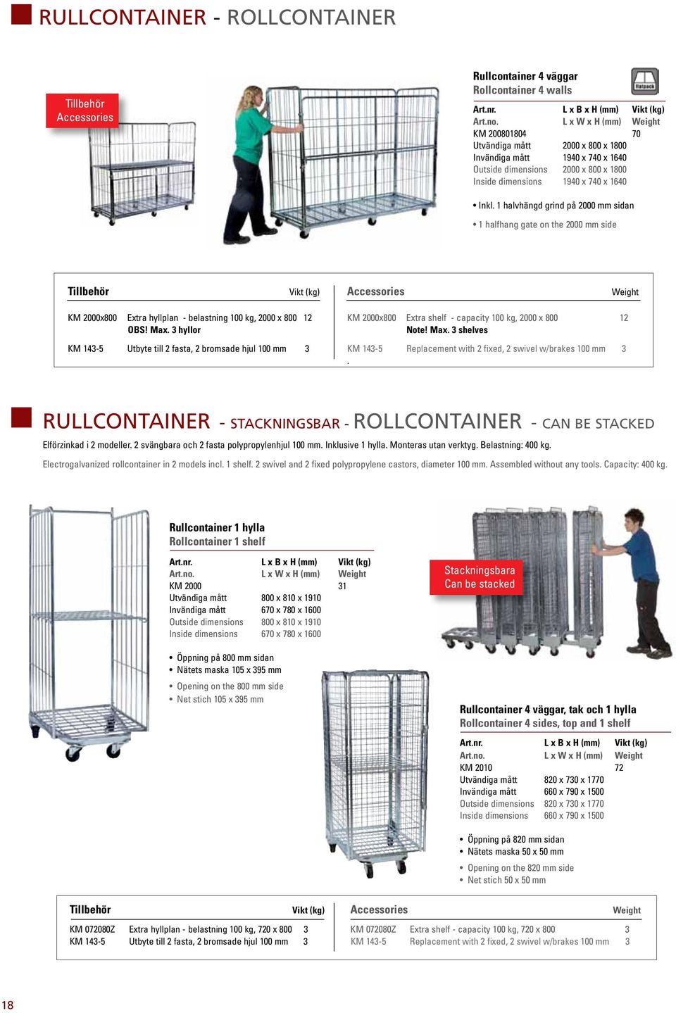 1 halvhängd grind på 2000 mm sidan 1 halfhang gate on the 2000 mm side Tillbehör Accessories KM 2000x800 Extra hyllplan - belastning 100 kg, 2000 x 800 12 OBS! Max.