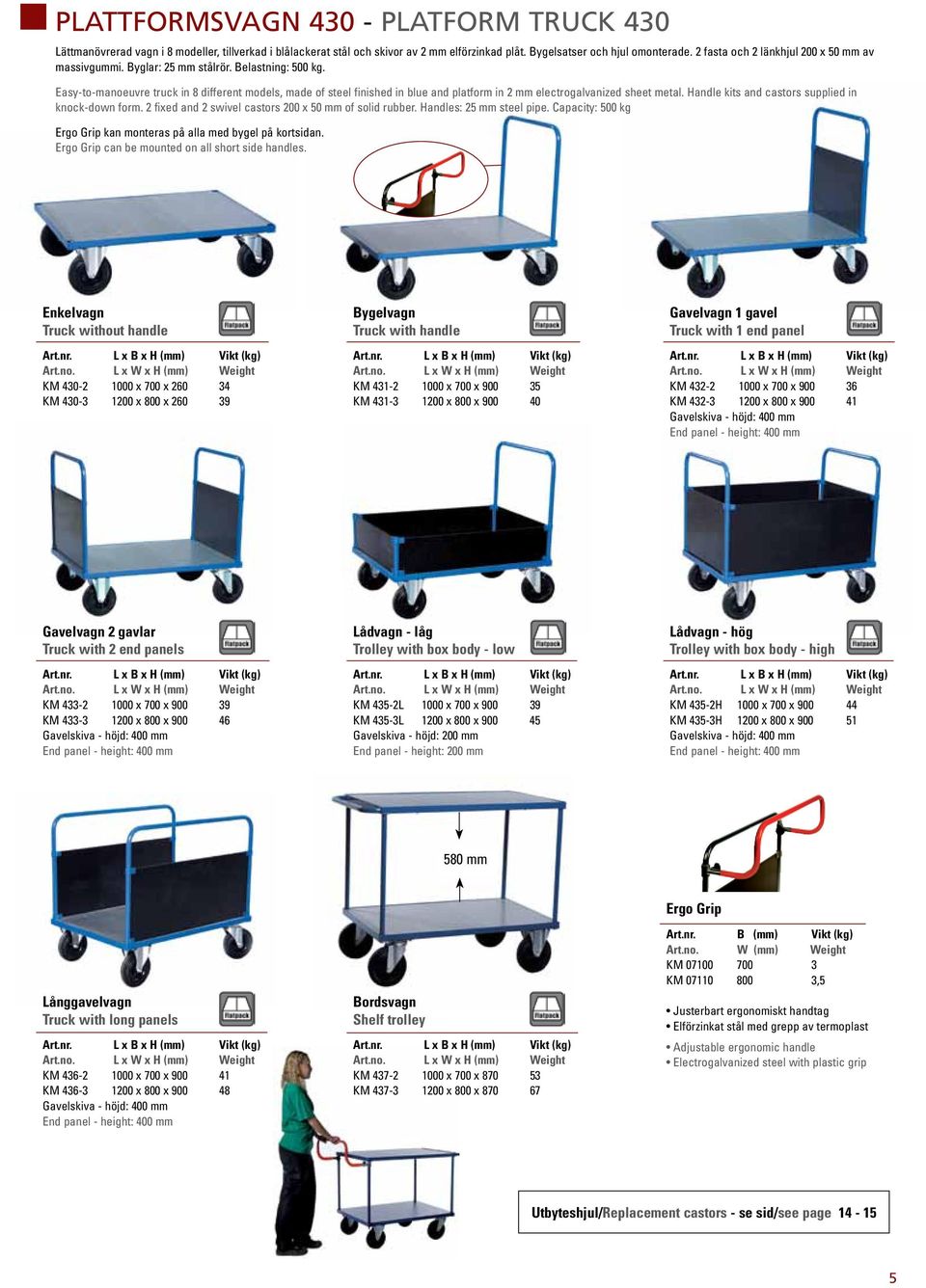 Easy-to-manoeuvre truck in 8 different models, made of steel finished in blue and platform in 2 mm electrogalvanized sheet metal. Handle kits and castors supplied in knock-down form.