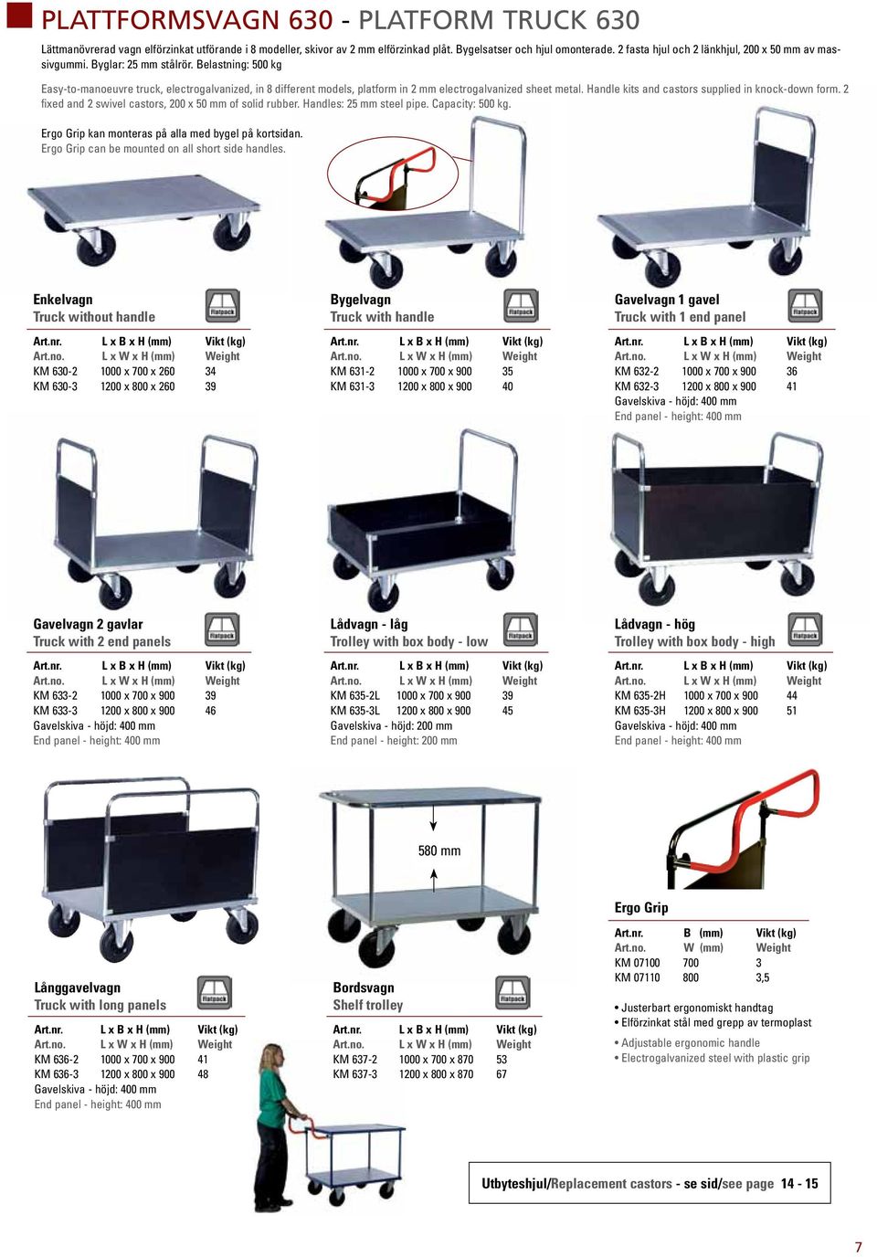 Belastning: 500 kg Easy-to-manoeuvre truck, electrogalvanized, in 8 different models, platform in 2 mm electrogalvanized sheet metal. Handle kits and castors supplied in knock-down form.