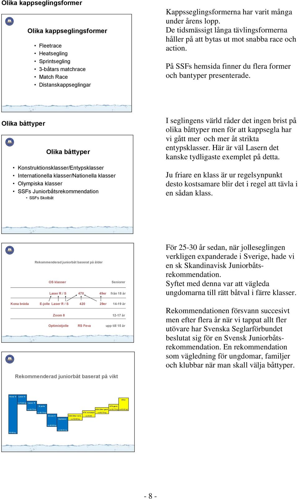 Olika båttyper Olika båttyper Konstruktionsklasser/Entypsklasser Internationella klasser/nationella klasser Olympiska klasser SSFs Juniorbåtsrekommendation SSFs Skolbåt I seglingens värld råder det