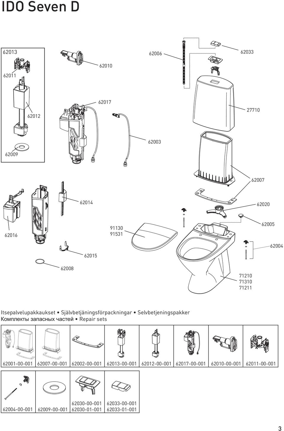 Selvbetjeningspakker Êîìïëåêòû çàïàñíûõ àñòåé Repair sets 62001-00-001 62007-00-001 62002-00-001 62013-00-001