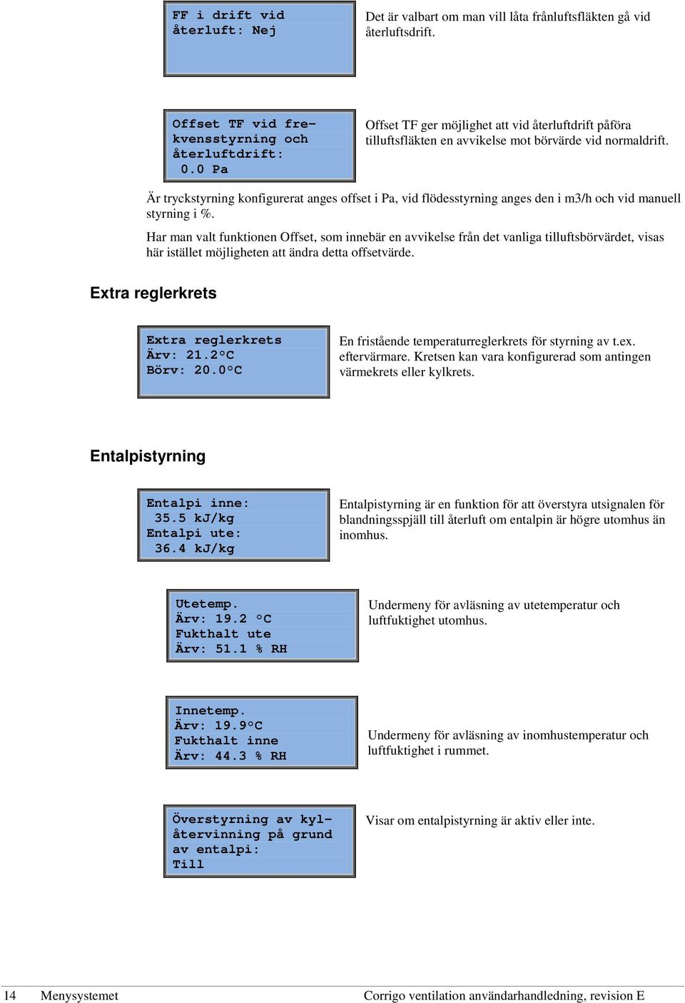 Är tryckstyrning konfigurerat anges offset i Pa, vid flödesstyrning anges den i m3/h och vid manuell styrning i %.