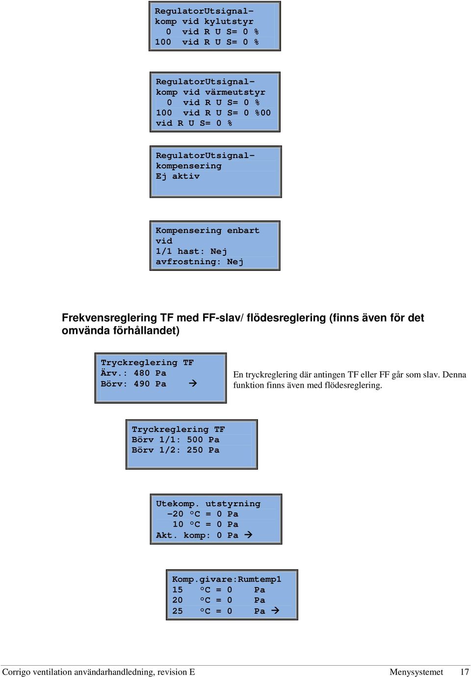 förhållandet) Tryckreglering TF Ärv.: 480 Pa Börv: 490 Pa En tryckreglering där antingen TF eller FF går som slav. Denna funktion finns även med flödesreglering.