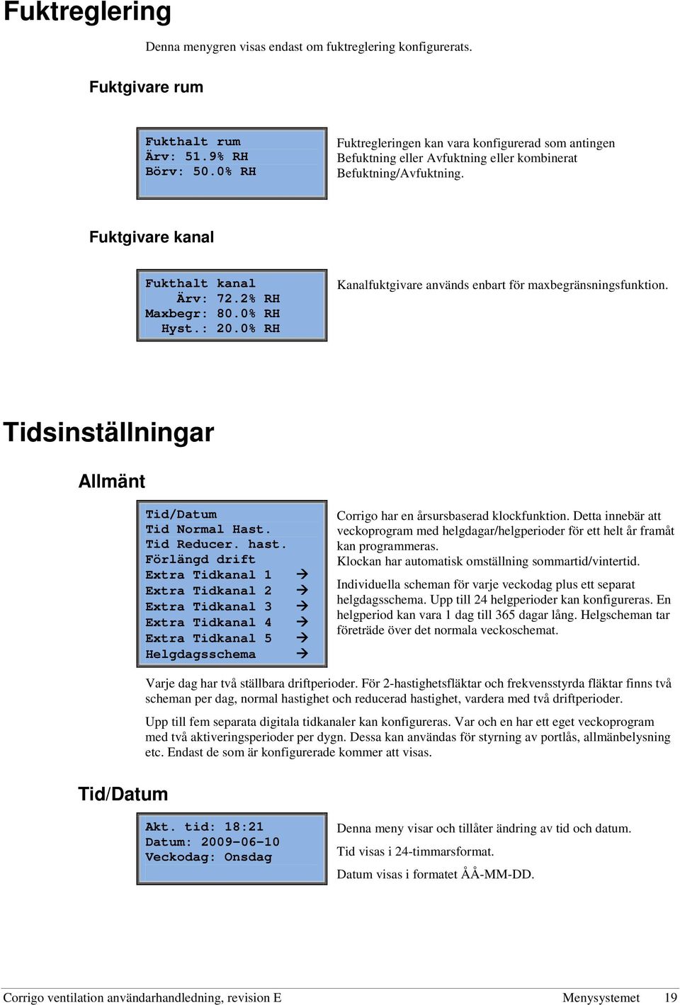 0% RH Kanalfuktgivare används enbart för maxbegränsningsfunktion. Tidsinställningar Allmänt Tid/Datum Tid Normal Hast. Tid Reducer. hast.