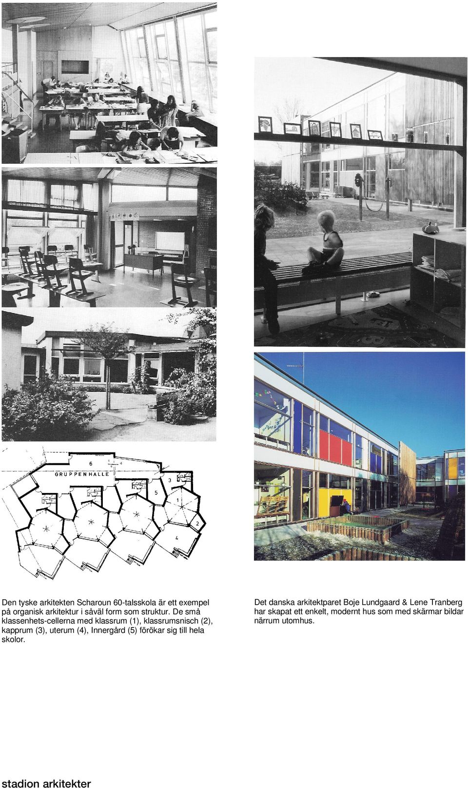 De små klassenhets-cellerna med klassrum (1), klassrumsnisch (2), kapprum (3), uterum (4),