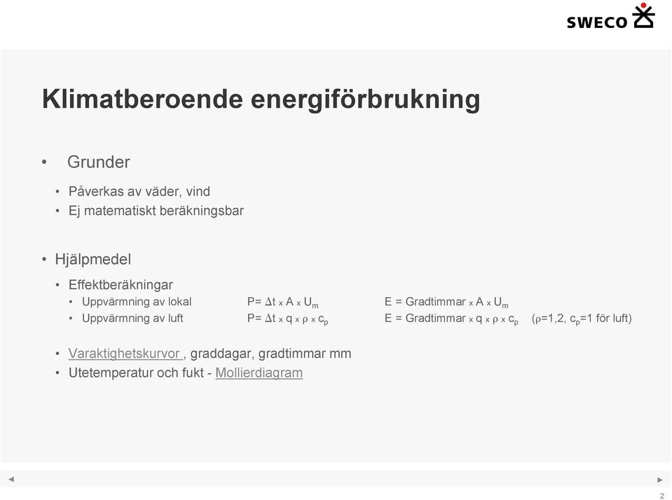 Gradtimmar x A x U m Uppvärmning av luft P= t x q x x c p E = Gradtimmar x q x x c p (