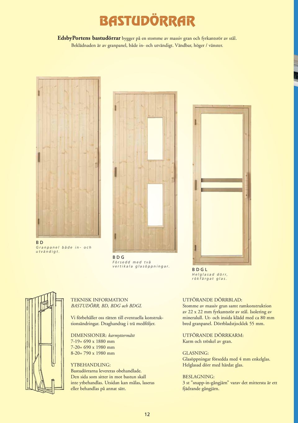 TEKNISK INFORMATION BASTUDÖRR, BD, BDG och BDGL Vi förbehåller oss rätten till eventuella konstruktionsändringar. Draghandtag i trä medföljer.