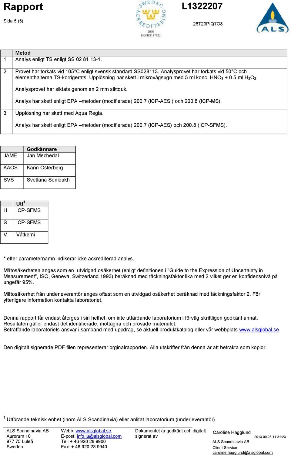 Analys har skett enligt EPA metoder (modifierade) 200.7 (ICP-AES ) och 200.8 (ICP-MS). 3 Upplösning har skett med Aqua Regia. Analys har skett enligt EPA metoder (modifierade) 200.7 (ICP-AES) och 200.