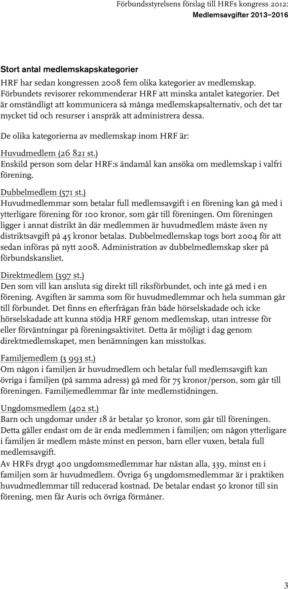 De olika kategorierna av medlemskap inom HRF är: Huvudmedlem (26 821 st.) Enskild person som delar HRF:s ändamål kan ansöka om medlemskap i valfri förening. Dubbelmedlem (571 st.