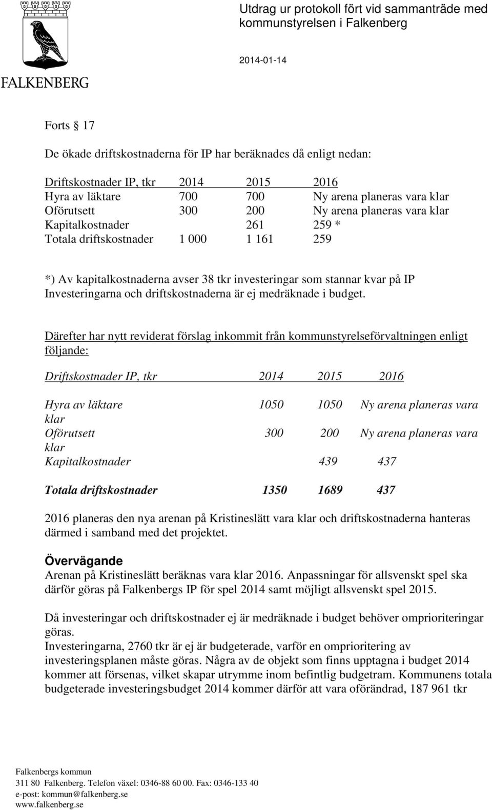 tkr investeringar som stannar kvar på IP Investeringarna och driftskostnaderna är ej medräknade i budget.