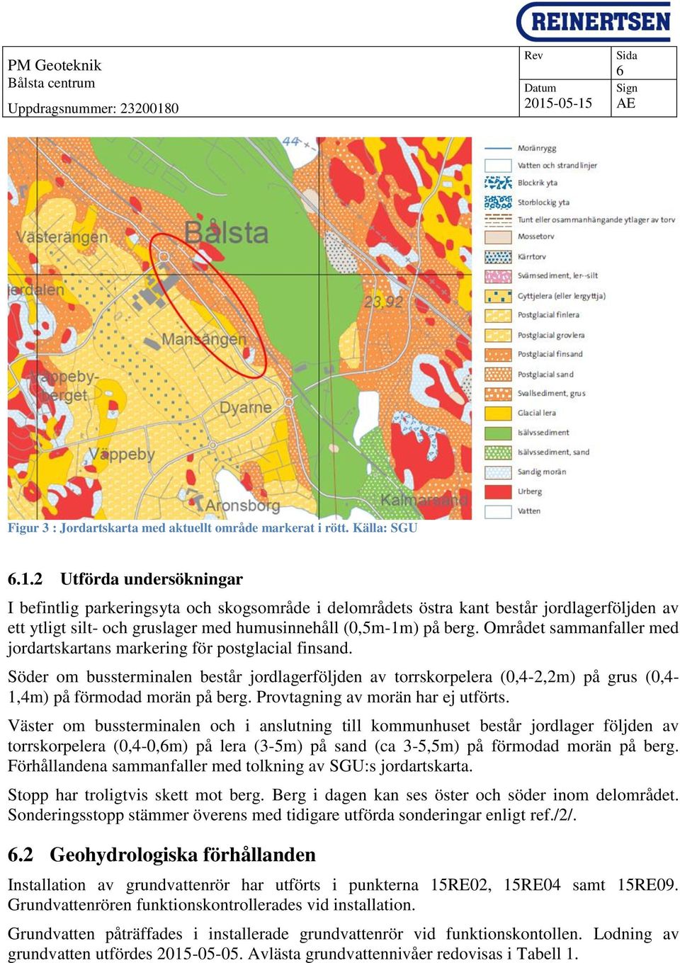 Området sammanfaller med jordartskartans markering för postglacial finsand. Söder om bussterminalen består jordlagerföljden av torrskorpelera (0,4-2,2m) på grus (0,4-1,4m) på förmodad morän på berg.