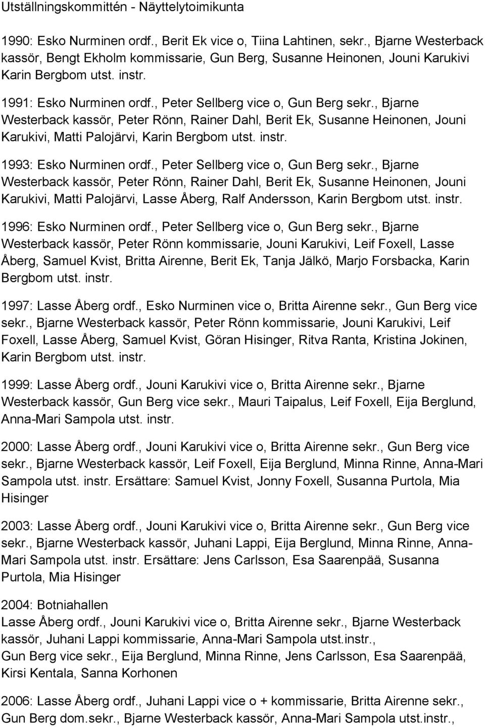 , Bjarne Westerback kassör, Peter Rönn, Rainer Dahl, Berit Ek, Susanne Heinonen, Jouni Karukivi, Matti Palojärvi, Karin Bergbom utst. instr. 1993: Esko Nurminen ordf.