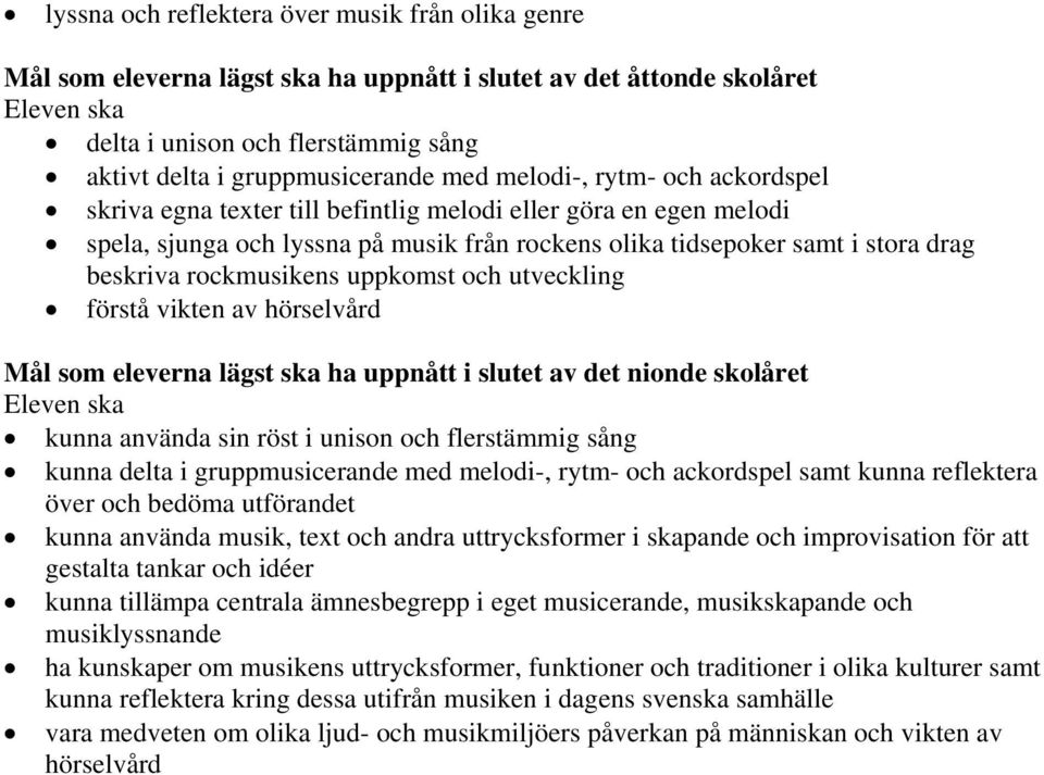 rockmusikens uppkomst och utveckling förstå vikten av hörselvård Mål som eleverna lägst ska ha uppnått i slutet av det nionde skolåret kunna använda sin röst i unison och flerstämmig sång kunna delta