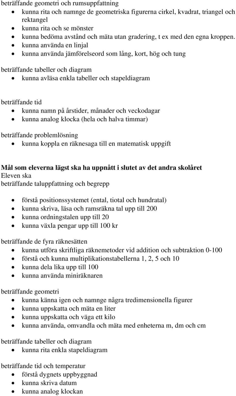 kunna använda en linjal kunna använda jämförelseord som lång, kort, hög och tung beträffande tabeller och diagram kunna avläsa enkla tabeller och stapeldiagram beträffande tid kunna namn på årstider,