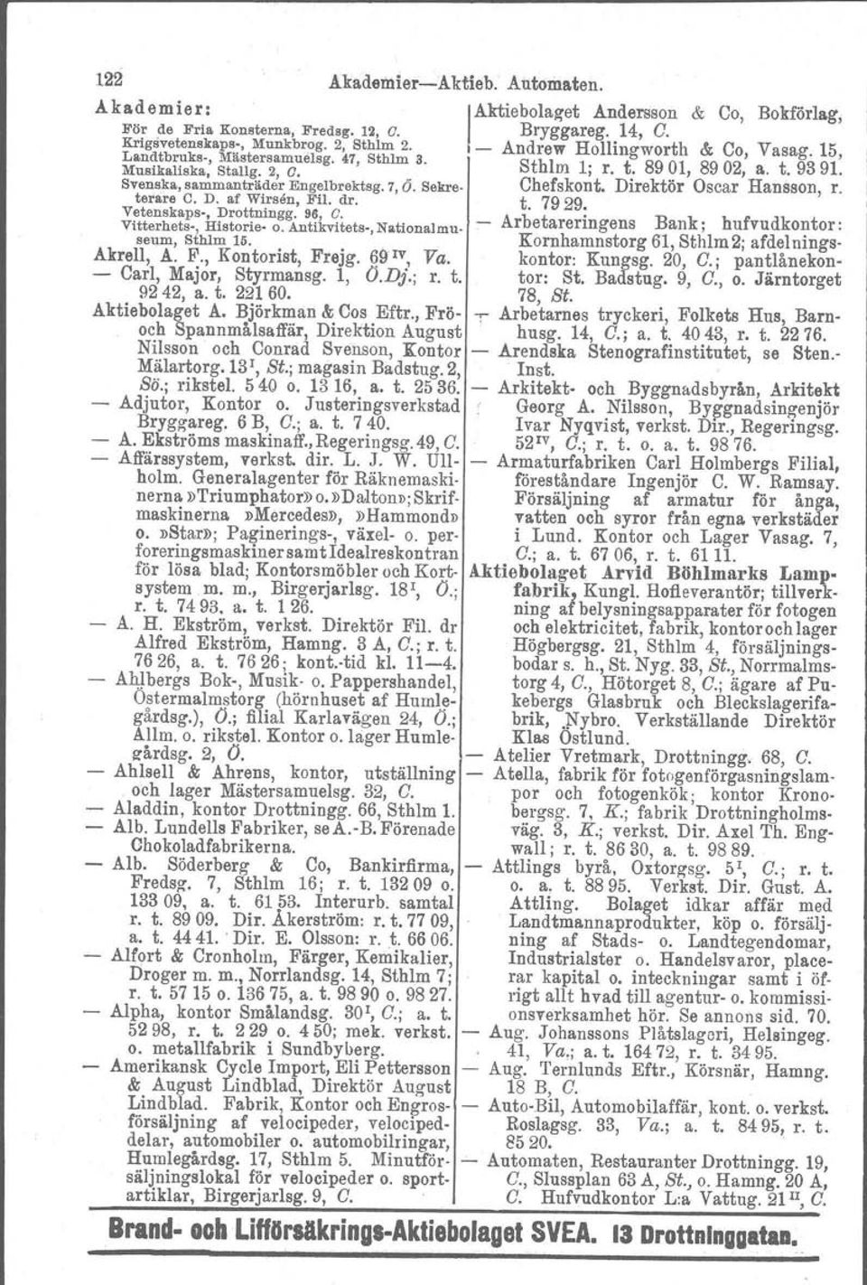 Sekre- Chefskont. Direktör Oscar Hansson, r. terare C. D. af Wirstln, Fil. dr. t. 7929. Vetenskaps-, Drottningg. 96, C. A b tareri B k h f dk t Vitterhets-, Historie- o. Antikvitets-, Nationalmu.