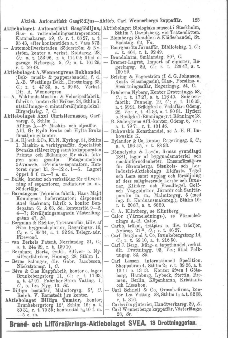 62, Va. _ Automobilverkstaden Söderström & Ny- - Bourghardts Järnaffär, Biblioteksg. l, G.; ström, kontor o. verkst. Riddareg. 28, a. t. 404, r. t. 9249. O.; a. t. 15396, r. t. 11402; filial o.