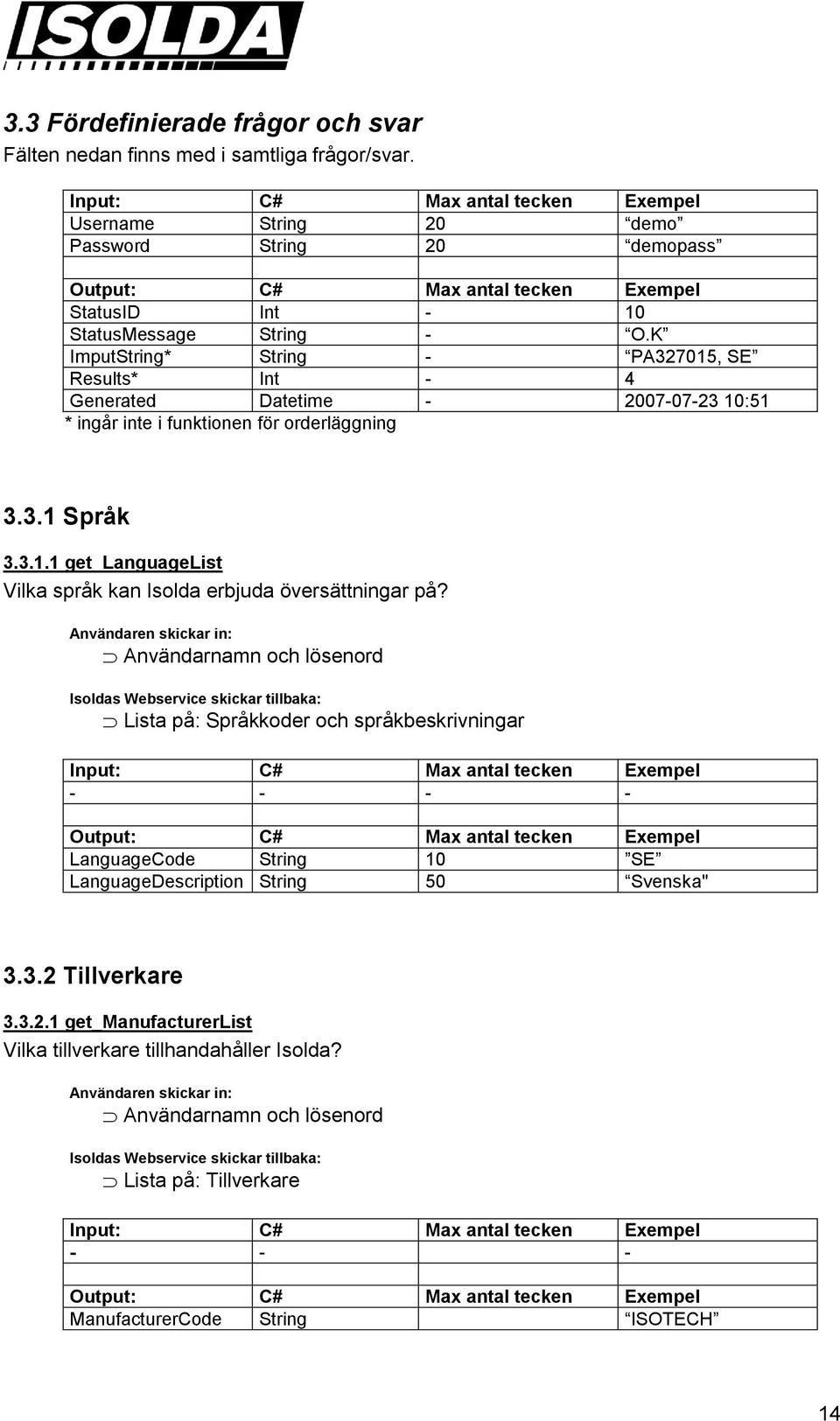 K ImputString* String - PA327015, SE Results* Int - 4 Generated Datetime - 2007-07-23 10:51 * ingår inte i funktionen för orderläggning 3.3.1 Språk 3.3.1.1 get_languagelist Vilka språk kan Isolda erbjuda översättningar på?