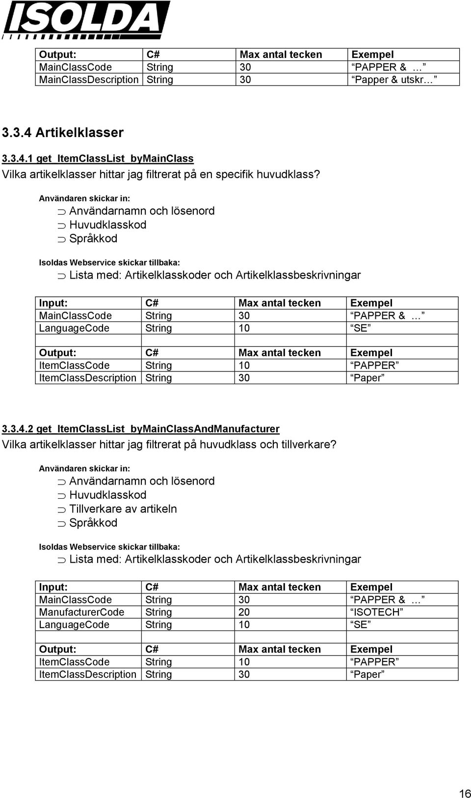 30 Paper 3.3.4.2 get_itemclasslist_bymainclassandmanufacturer Vilka artikelklasser hittar jag filtrerat på huvudklass och tillverkare?