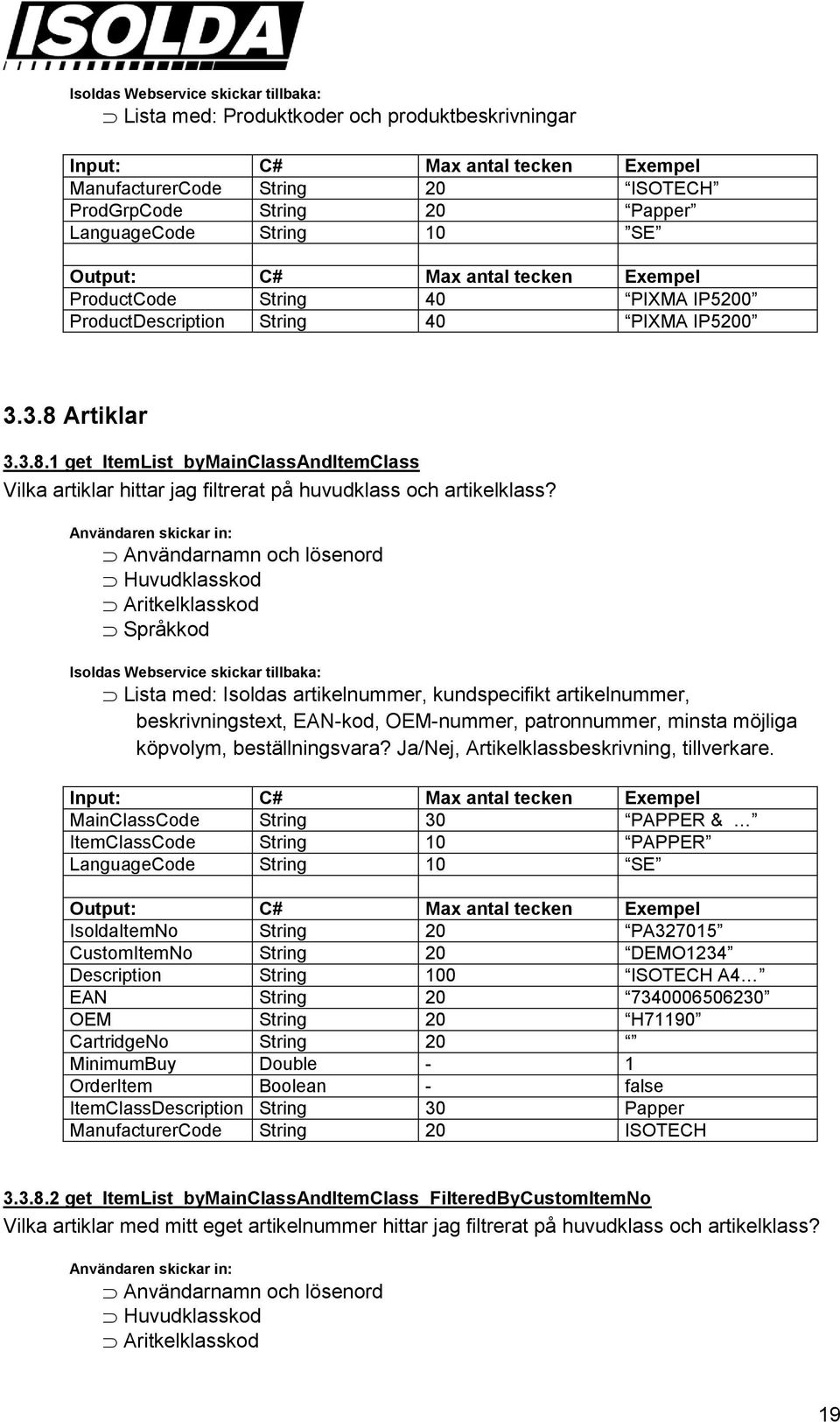 Huvudklasskod Aritkelklasskod Språkkod Lista med: Isoldas artikelnummer, kundspecifikt artikelnummer, beskrivningstext, EAN-kod, OEM-nummer, patronnummer, minsta möjliga köpvolym, beställningsvara?