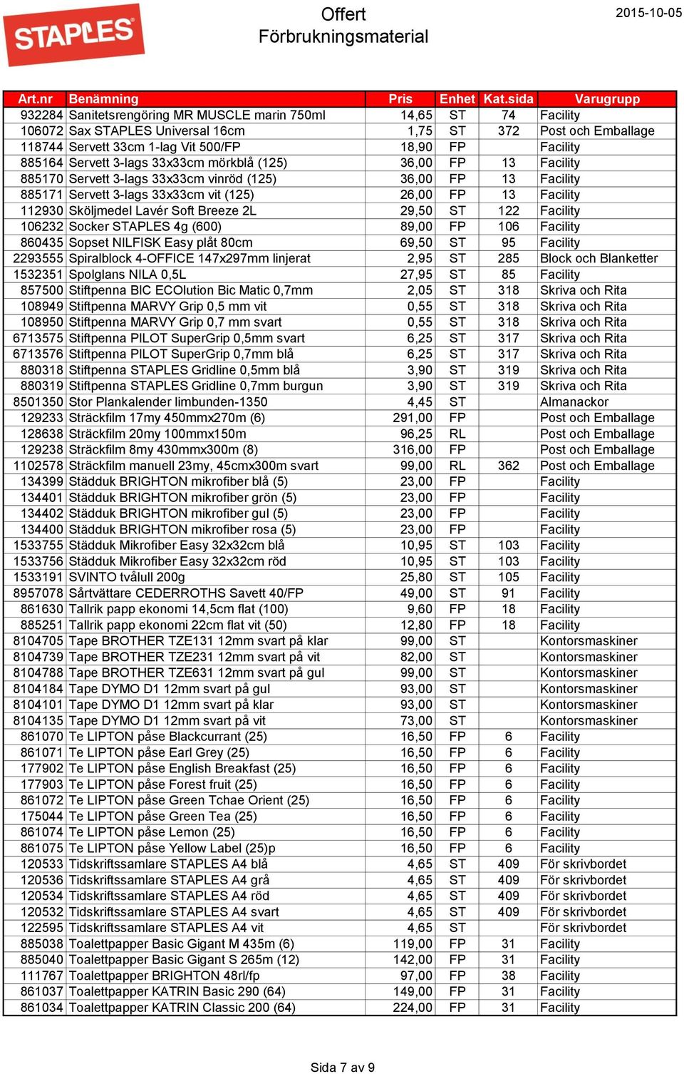 Sköljmedel Lavér Soft Breeze 2L 29,50 ST 122 Facility 106232 Socker STAPLES 4g (600) 89,00 FP 106 Facility 860435 Sopset NILFISK Easy plåt 80cm 69,50 ST 95 Facility 2293555 Spiralblock 4-OFFICE