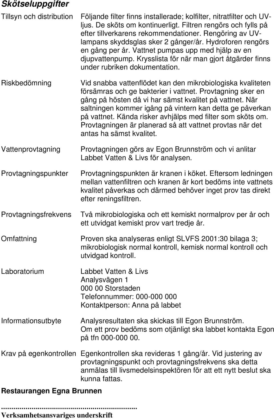 Vattnet pumpas upp med hjälp av en djupvattenpump. Krysslista för när man gjort åtgärder finns under rubriken dokumentation.