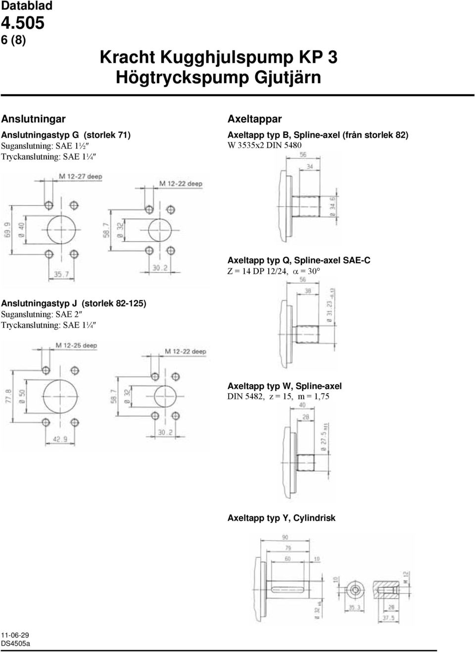 Axeltapp typ Q, Spline-axel SAE-C Z = 14 DP 12/24, = 30 Anslutningastyp J (storlek 82-125) Suganslutning: