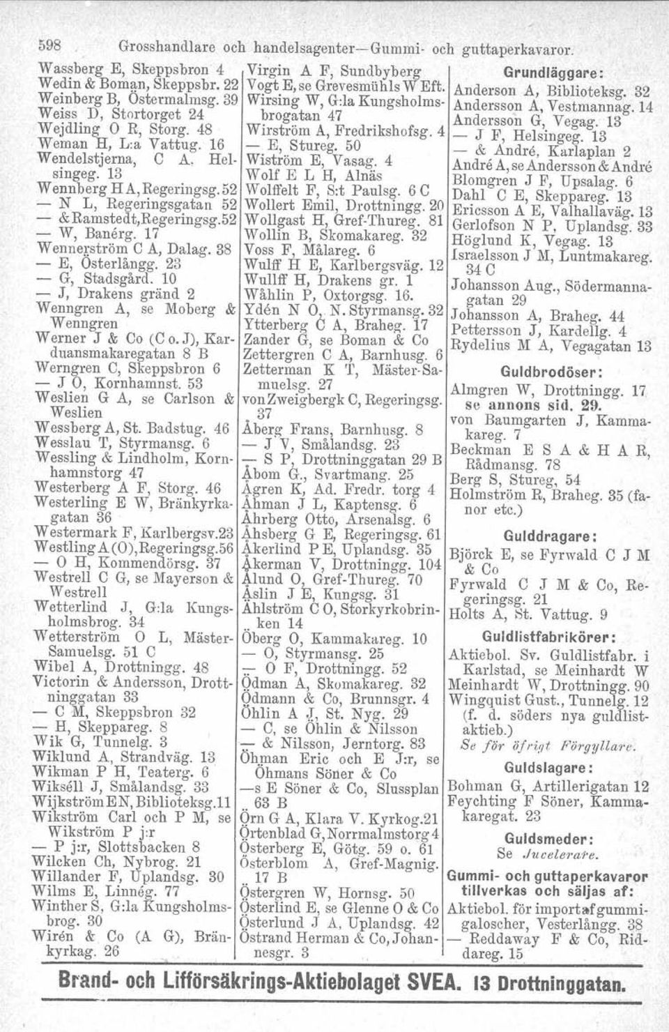 48 Wirström A, Fredrikshofsg. 4 _ J F, Hel;ingeg. 13 Weman J;I, L:a Vattug. 16 -. E,..Stureg. 50 - & Andre, Karlaplan 2 Wendelstjerna, C A, Hel- Wiström E, Vasag. 4 Andre A seandersson&andre singeg.