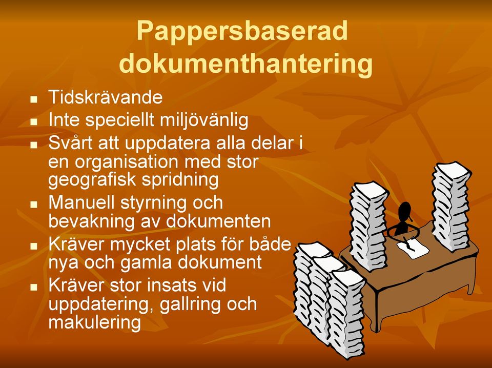 spridning Manuell styrning och bevakning av dokumenten Kräver mycket plats