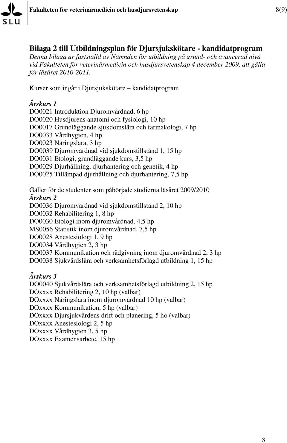 Kurser som ingår i Djursjukskötare kandidatprogram Årskurs 1 DO0021 Introduktion Djuromvårdnad, 6 hp DO0020 Husdjurens anatomi och fysiologi, 10 hp DO0017 Grundläggande sjukdomslära och farmakologi,