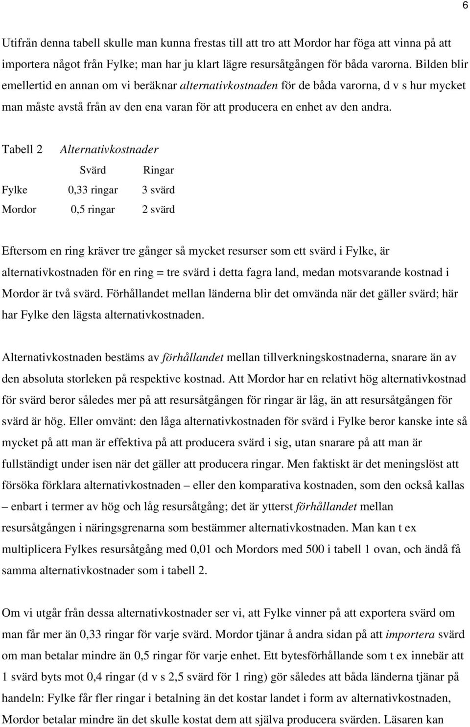 Tabell 2 Alternativkostnader Svärd Ringar Fylke 0,33 ringar 3 svärd Mordor 0,5 ringar 2 svärd Eftersom en ring kräver tre gånger så mycket resurser som ett svärd i Fylke, är alternativkostnaden för