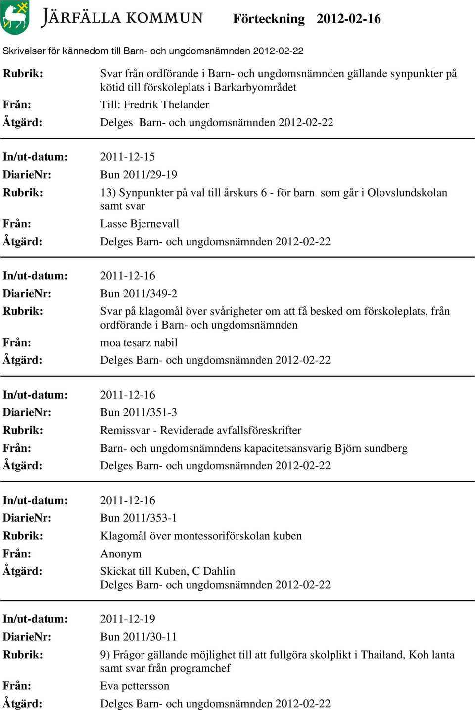 förskoleplats, från ordförande i Barn- och ungdomsnämnden moa tesarz nabil In/ut-datum: 2011-12-16 DiarieNr: Bun 2011/351-3 Remissvar - Reviderade avfallsföreskrifter Barn- och ungdomsnämndens