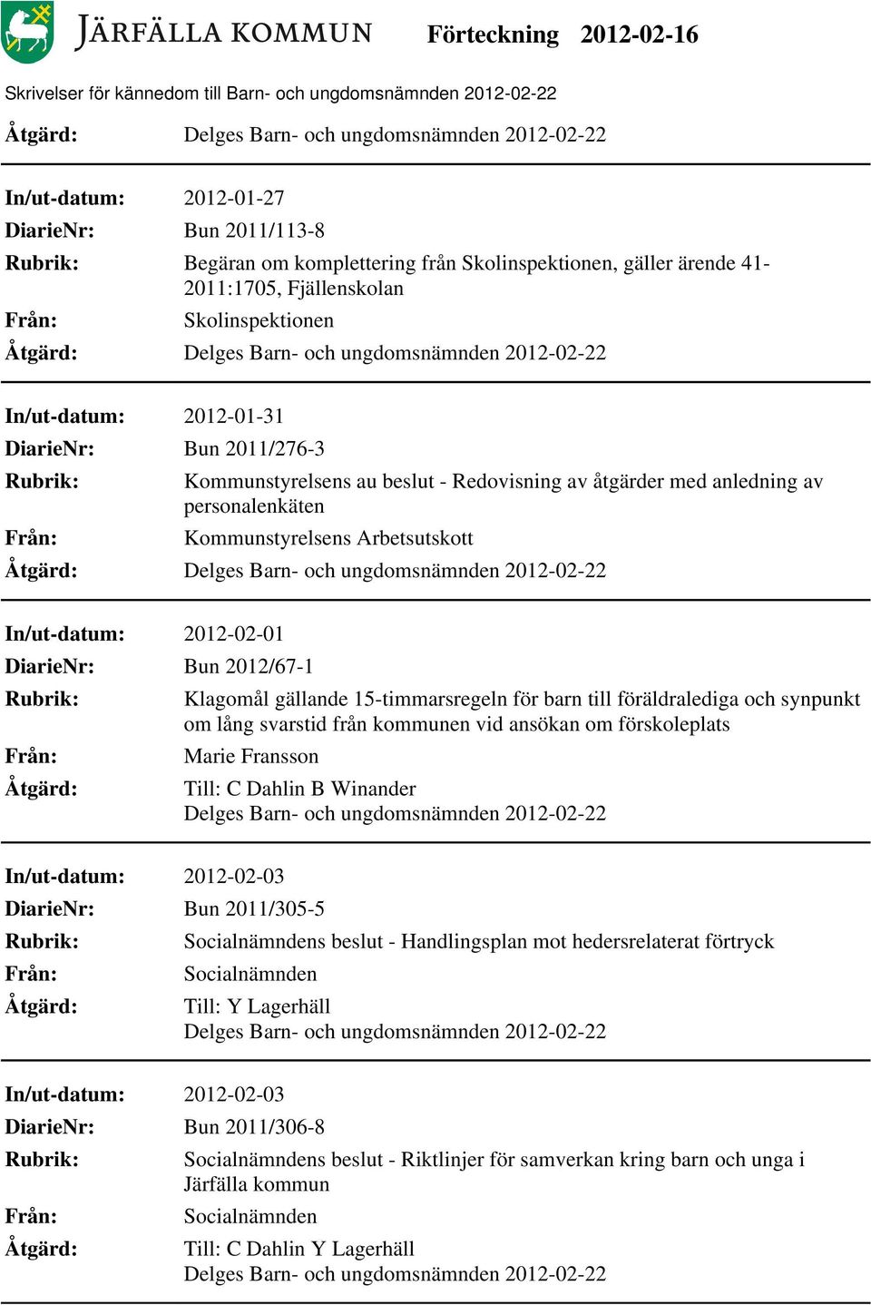 15-timmarsregeln för barn till föräldralediga och synpunkt om lång svarstid från kommunen vid ansökan om förskoleplats Marie Fransson Till: C Dahlin B Winander In/ut-datum: 2012-02-03 DiarieNr: Bun