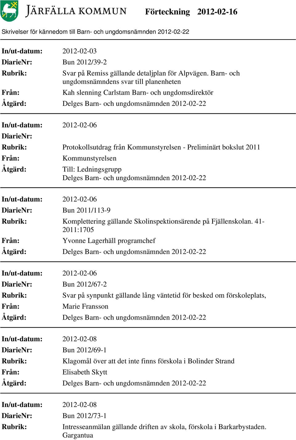 Kommunstyrelsen Till: Ledningsgrupp In/ut-datum: 2012-02-06 DiarieNr: Bun 2011/113-9 Komplettering gällande Skolinspektionsärende på Fjällenskolan.