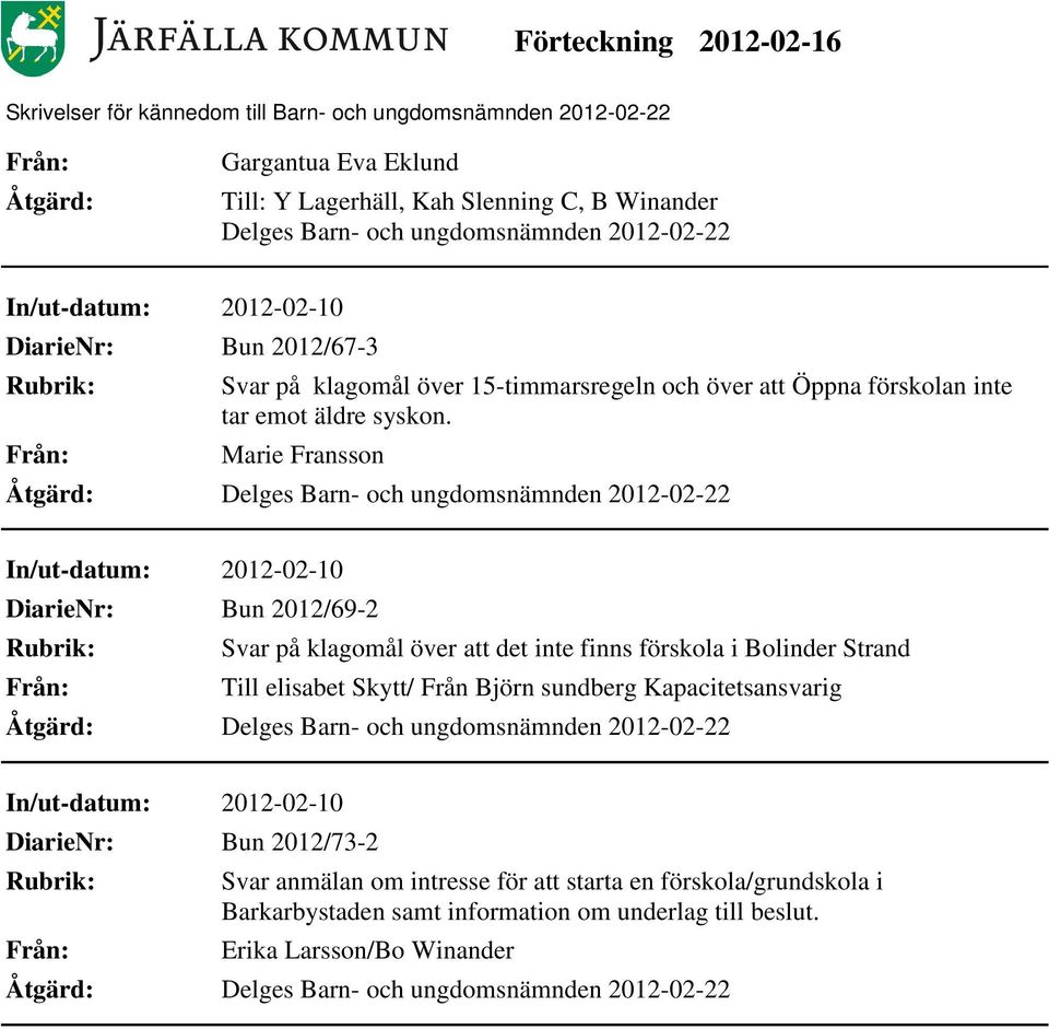 Marie Fransson In/ut-datum: 2012-02-10 DiarieNr: Bun 2012/69-2 Svar på klagomål över att det inte finns förskola i Bolinder Strand Till elisabet