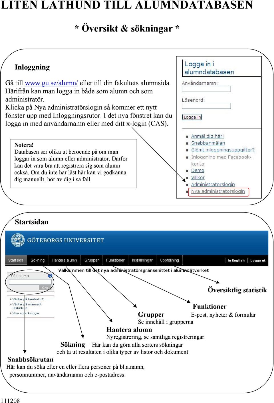 Databasen ser olika ut beroende på om man loggar in som alumn eller administratör. Därför kan det vara bra att registrera sig som alumn också.