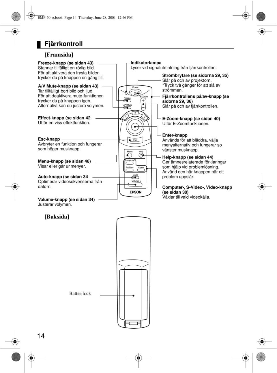 Alternativt kan du justera volymen. Indikatorlampa Lyser vid signalutmatning från fjärrkontrollen. Strömbrytare (se sidorna 29, 35) Slår på och av projektorn.