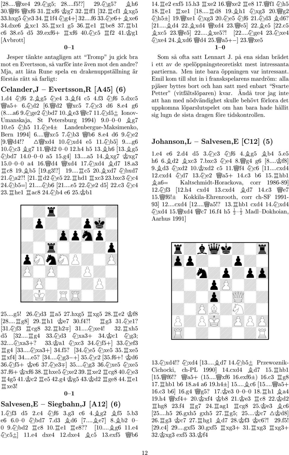 Mja, att lata Rune spela en drakenuppstallning ar forstas ratt sa farligt: Celander,J { Evertsson,R [A45] (6) 1.d4 Nf6 2.Bg5 Ne4 3.Bf4 c5 4.f3 Nf6 5.dxc5 Qa5+ 6.Nd2 [6.Qd2 Qxc5 7.Nc3 d6 8.e4 g6 (8.
