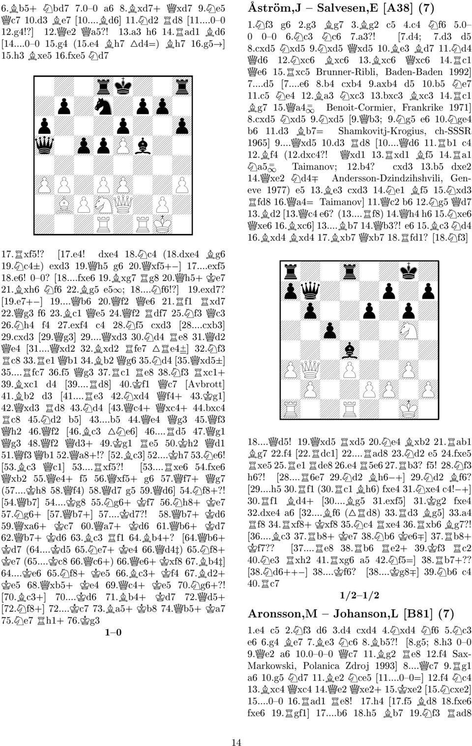 Bxg7 Rg8 20.Qh5+ Ke7 21.Bxh6 Nf6 22.Bg5 e51; 18...Nf6!?] 19.exd7? [19.e7+,] 19...Qb6 20.Qf2 Qe6 21.Rf1 Rxd7 22.Qg3 f6 23.Bc1 Qe5 24.Qf2 Rdf7 25.Nf3 Qc3 26.Nh4 f4 27.exf4 c4 28.Nf5 cxd3 [28...cxb3] 29.