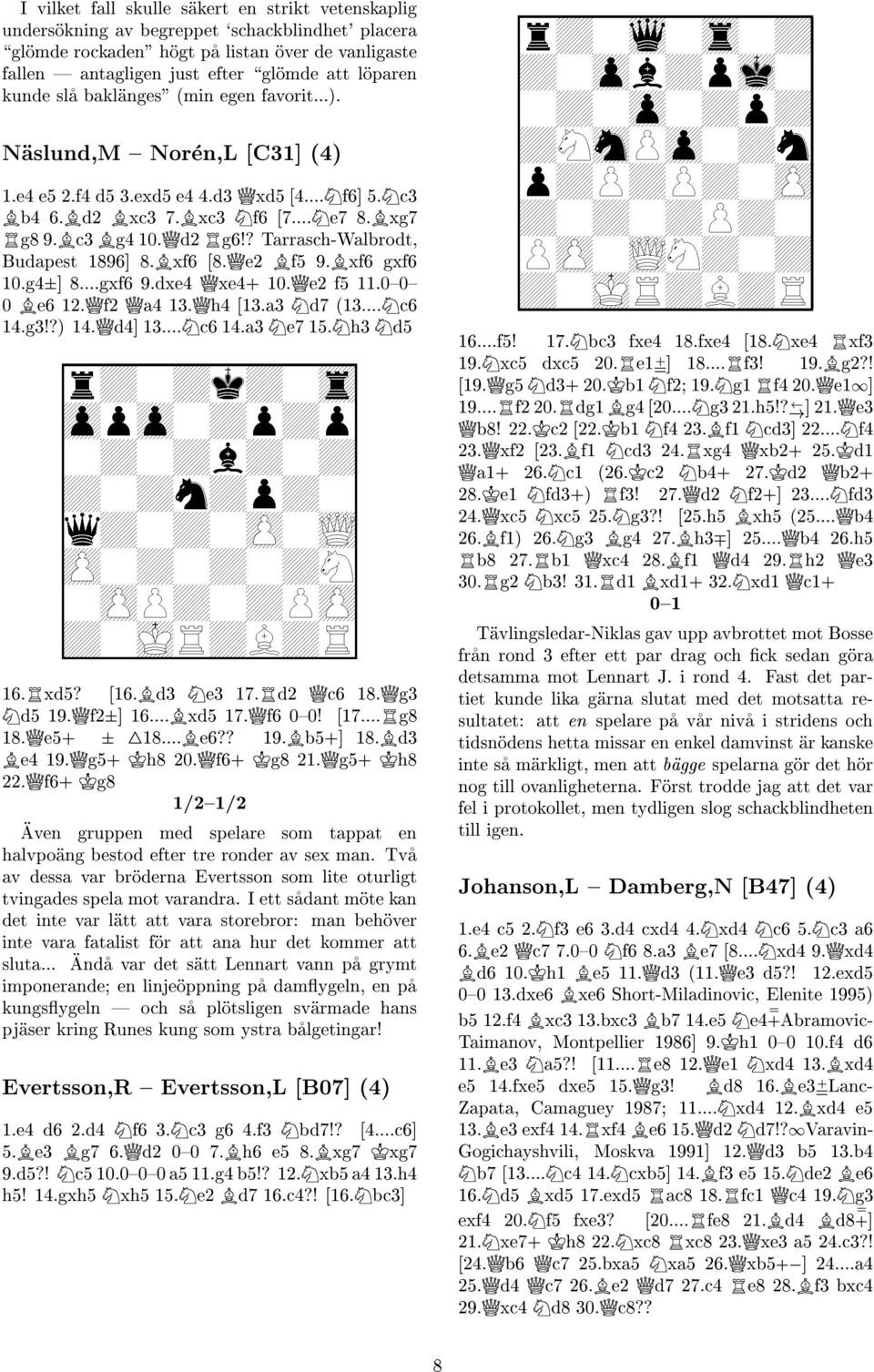 Qd2 Rg6!? Tarrasch-Walbrodt, Budapest 1896] 8.Bxf6 [8.Qe2 Bf5 9.Bxf6 gxf6 10.g4] 8...gxf6 9.dxe4 Qxe4+ 10.Qe2 f5 11.0{0{ 0 Be6 12.Qf2 Qa4 13.Qh4 [13.a3 Nd7 (13...Nc6 14.g3!?) 14.Qd4] 13...Nc6 14.a3 Ne7 15.