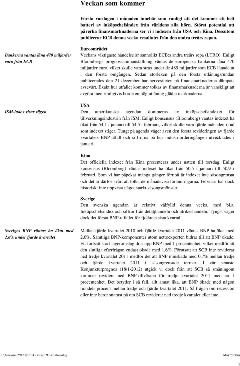 Bankerna väntas låna 470 miljarder euro från ECB ISM-index visar vägen Euroområdet Veckans viktigaste händelse är sannolikt ECB:s andra treårs repa (LTRO).