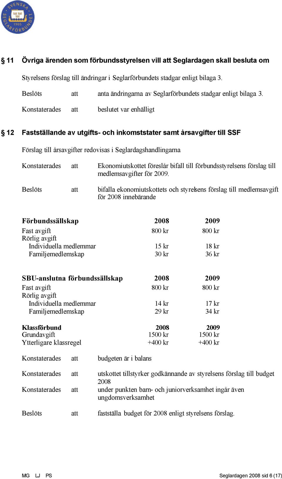 Konstaterades att beslutet var enhälligt 12 Fastställande av utgifts- och inkomststater samt årsavgifter till SSF Förslag till årsavgifter redovisas i Seglardagshandlingarna Konstaterades att