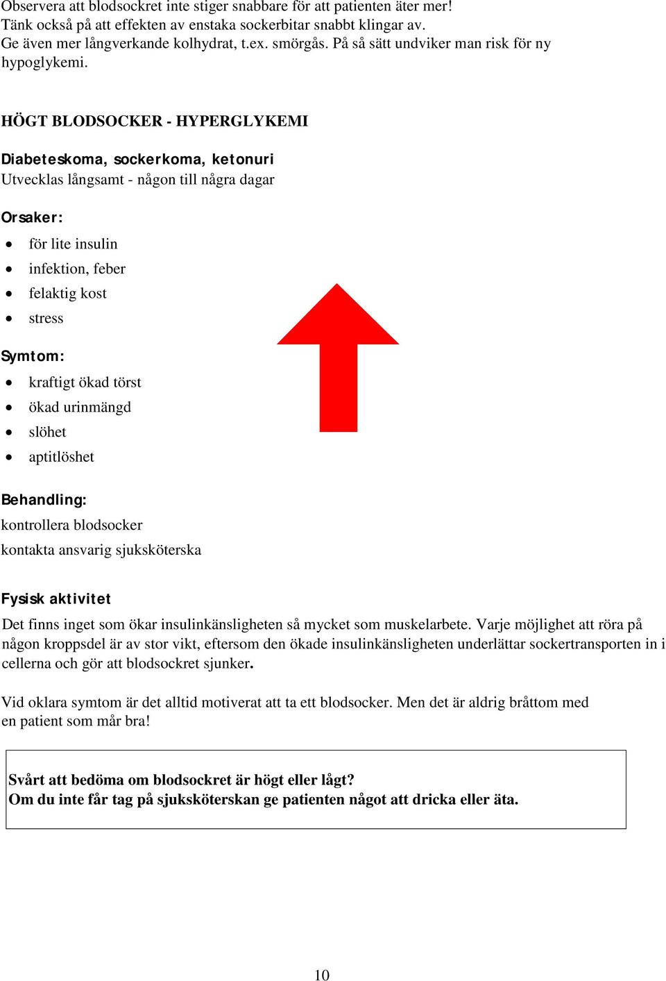 HÖGT BLODSOCKER - HYPERGLYKEMI Diabeteskoma, sockerkoma, ketonuri Utvecklas långsamt - någon till några dagar Orsaker: för lite insulin infektion, feber felaktig kost stress Symtom: kraftigt ökad