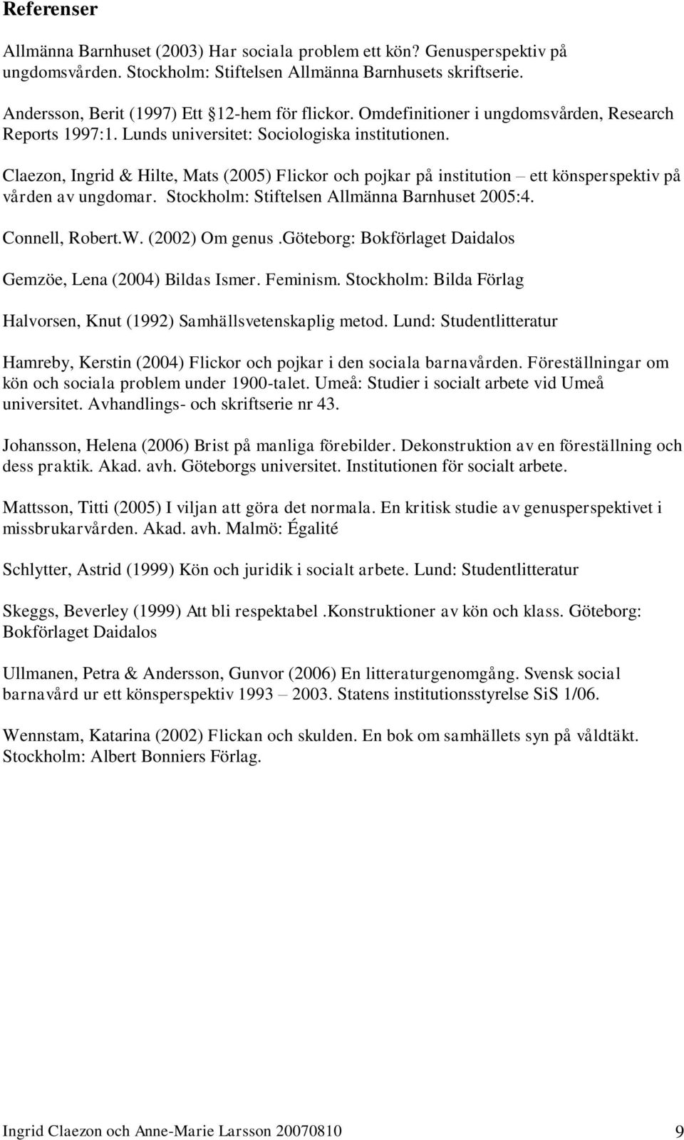 Claezon, Ingrid & Hilte, Mats (2005) Flickor och pojkar på institution ett könsperspektiv på vården av ungdomar. Stockholm: Stiftelsen Allmänna Barnhuset 2005:4. Connell, Robert.W. (2002) Om genus.