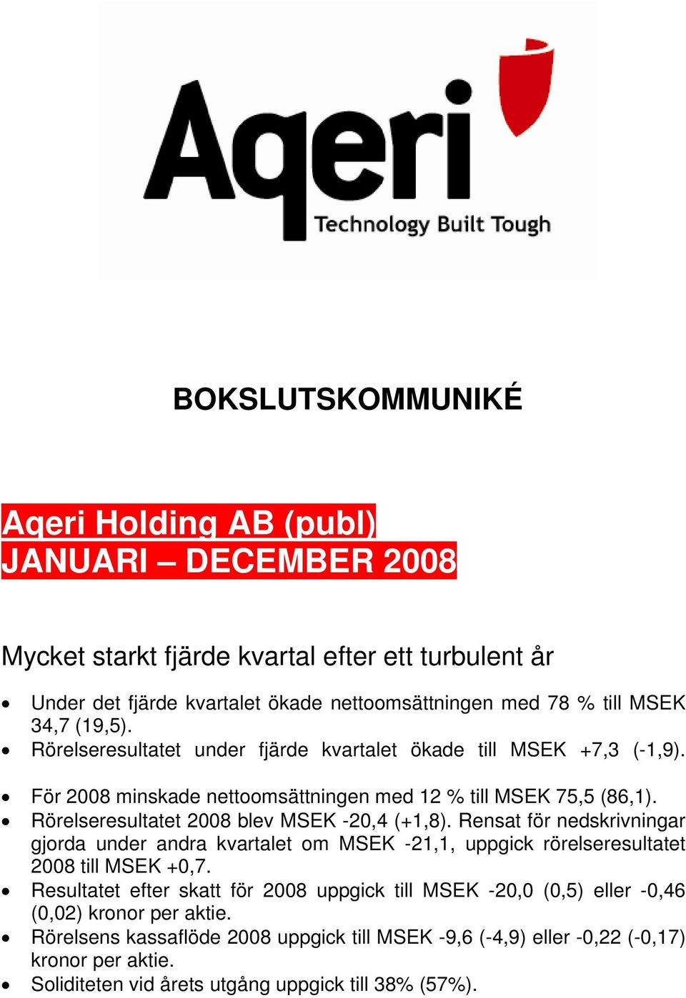 Rörelseresultatet 2008 blev MSEK -20,4 (+1,8). Rensat för nedskrivningar gjorda under andra kvartalet om MSEK -21,1, uppgick rörelseresultatet 2008 till MSEK +0,7.