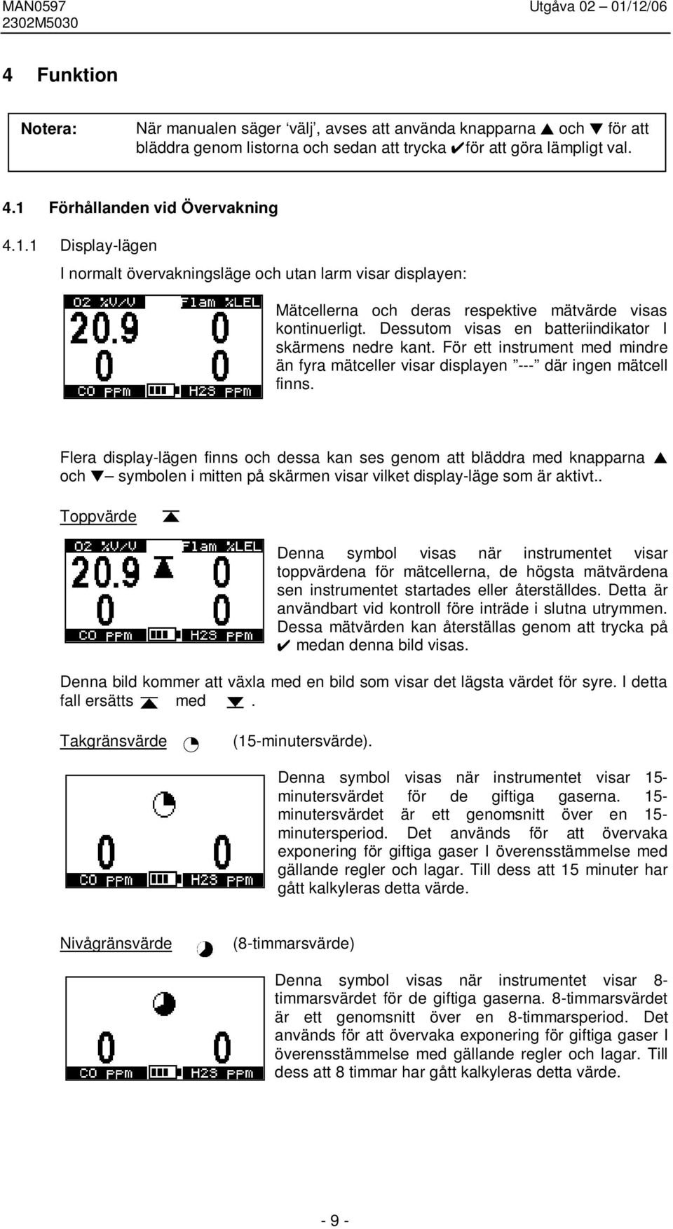 Dessutom visas en batteriindikator I skärmens nedre kant. För ett instrument med mindre än fyra mätceller visar displayen --- där ingen mätcell finns.