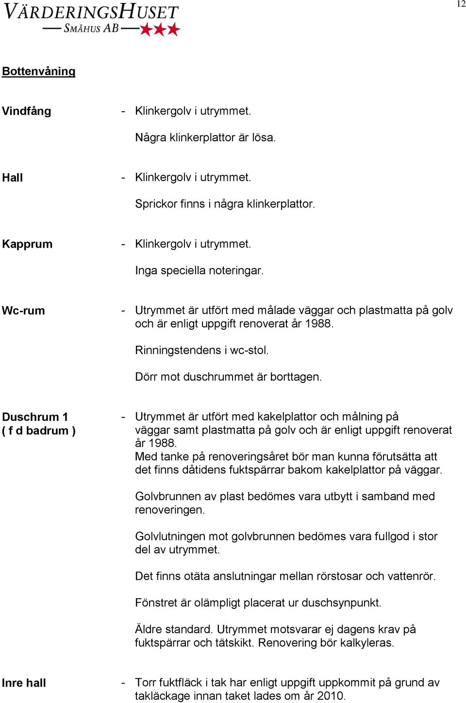 Duschrum 1 ( f d badrum ) - Utrymmet är utfört med kakelplattor och målning på väggar samt plastmatta på golv och är enligt uppgift renoverat år 1988.