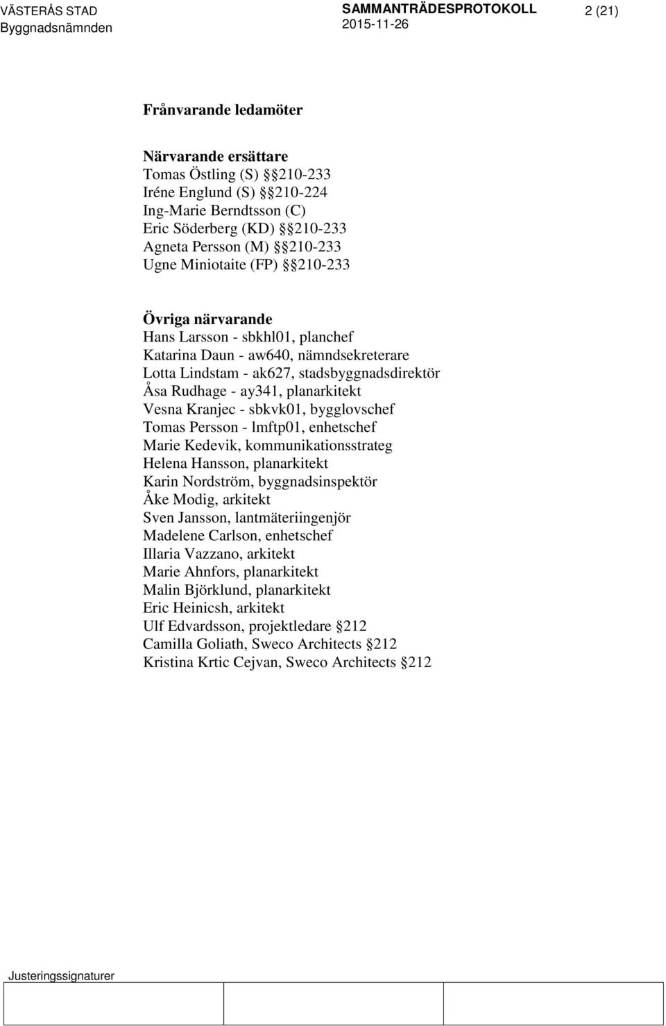 sbkvk01, bygglovschef Tomas Persson - lmftp01, enhetschef Marie Kedevik, kommunikationsstrateg Helena Hansson, planarkitekt Karin Nordström, byggnadsinspektör Åke Modig, arkitekt Sven Jansson,