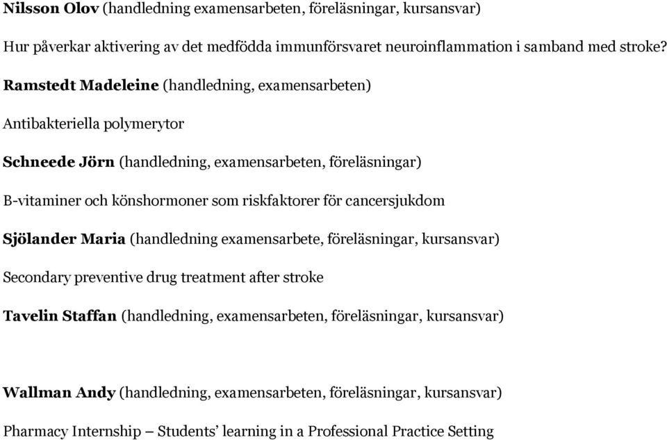 riskfaktorer för cancersjukdom Sjölander Maria (handledning examensarbete, föreläsningar, kursansvar) Secondary preventive drug treatment after stroke Tavelin Staffan