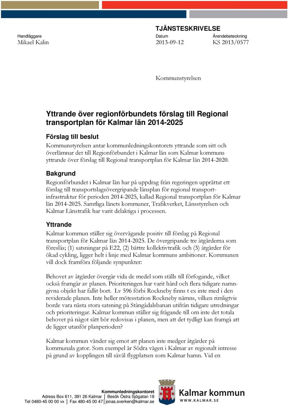 transportplan för Kalmar län 2014-2020.